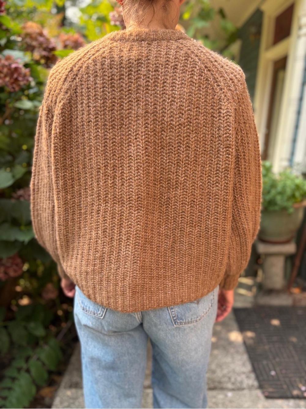 Sezane Ribbed Button-Front Cardigan in Warm Camel Brown - Picture 2 of 5